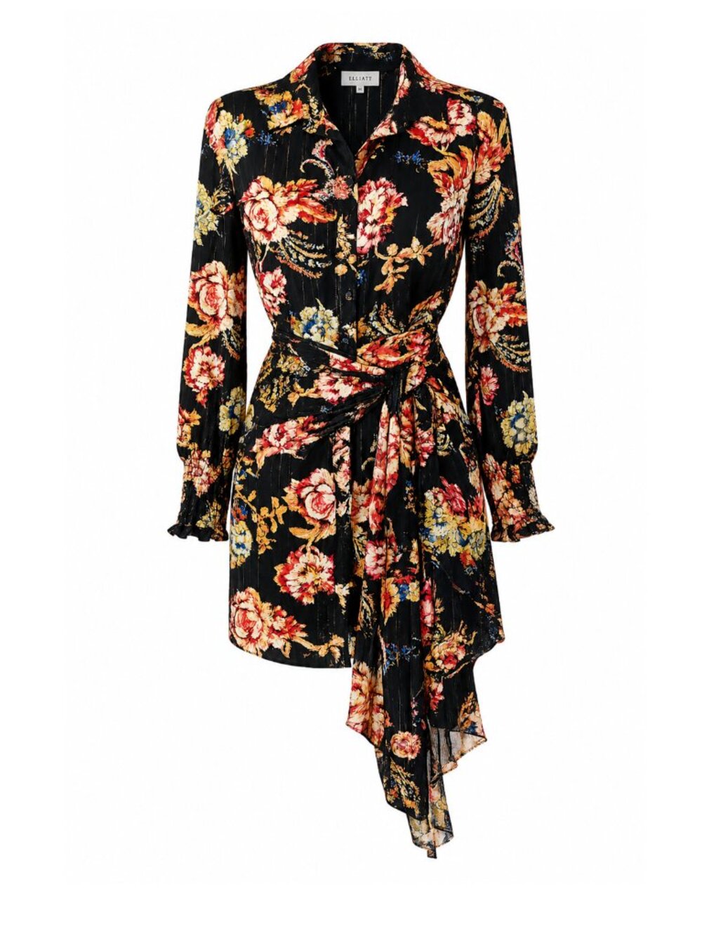 ELLIATT XS Black Floral Wrap Shirt Dress Long Sleeve Boho Cottagecore Chic